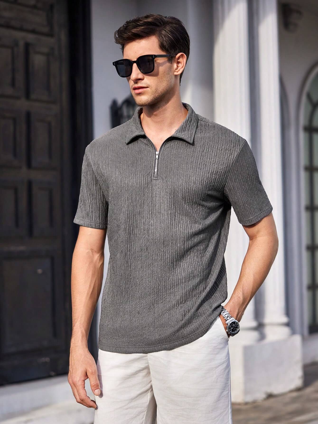 Camisa Polo Masculina Cinza Texturizada Com Zíper FR110