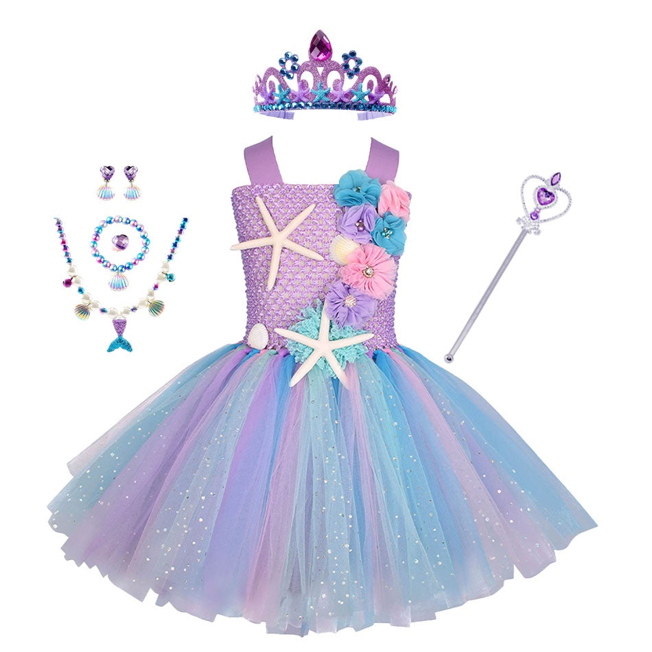 Vestido de Tutu Ariel Sereia para Menina - Flor do Oceano (1-12 anos)