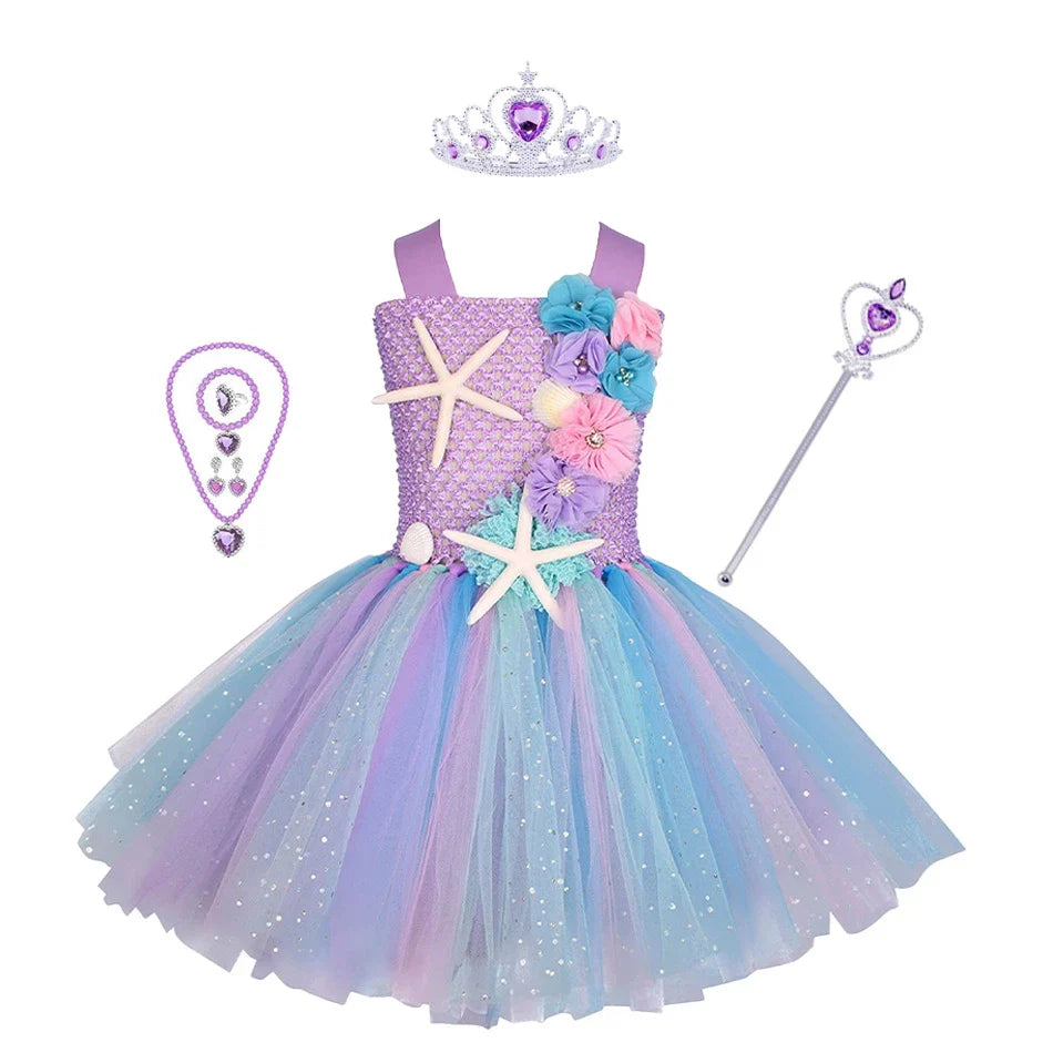 Vestido de Tutu Ariel Sereia para Menina - Flor do Oceano (1-12 anos)