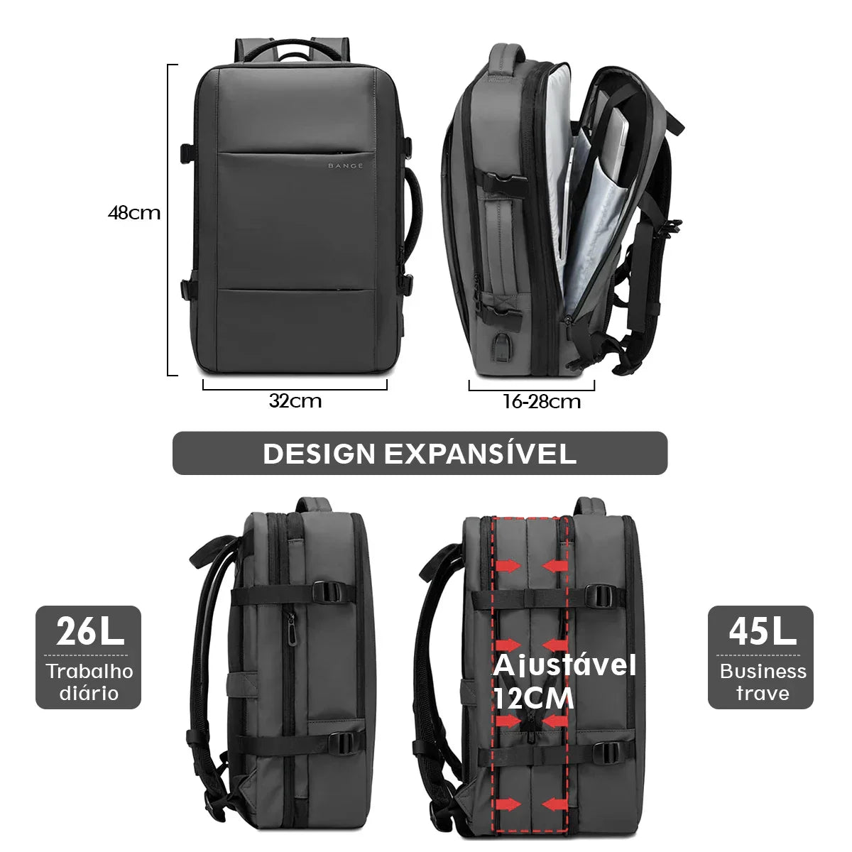 Mochila Para Viagem Masculina Porta USB Expansível Grande Capacidade Impermeável