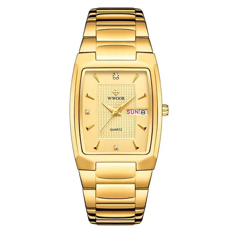 Relógio Dourado Masculino Quadrado Quartzo - GoldClock