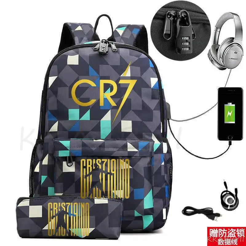 Mochila Escolar do Cristiano Ronaldo com Estojo e Cadeado Antifurto