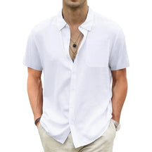 Camisa Masculina Manga Curta Casual De Linho Algodão   Bolso Único