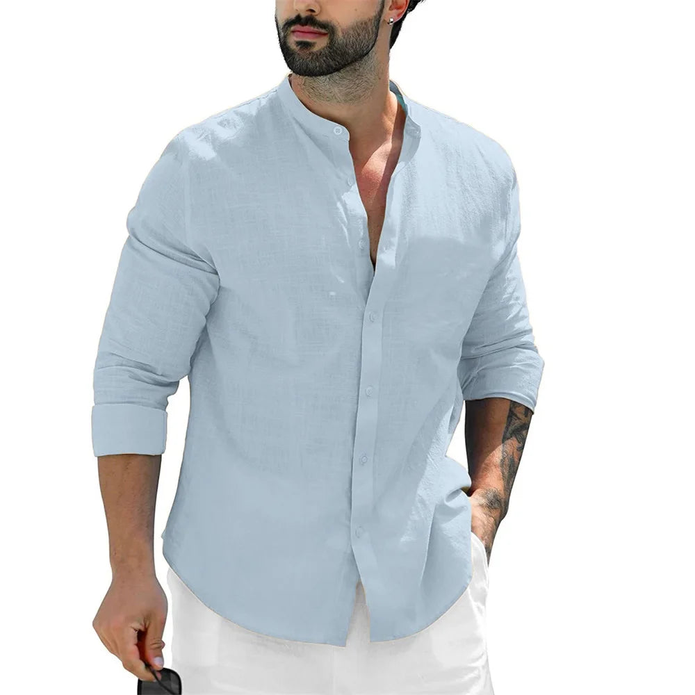 Camisa Masculina De Linho Algodão Com Botões Refrescante  Manga Longa