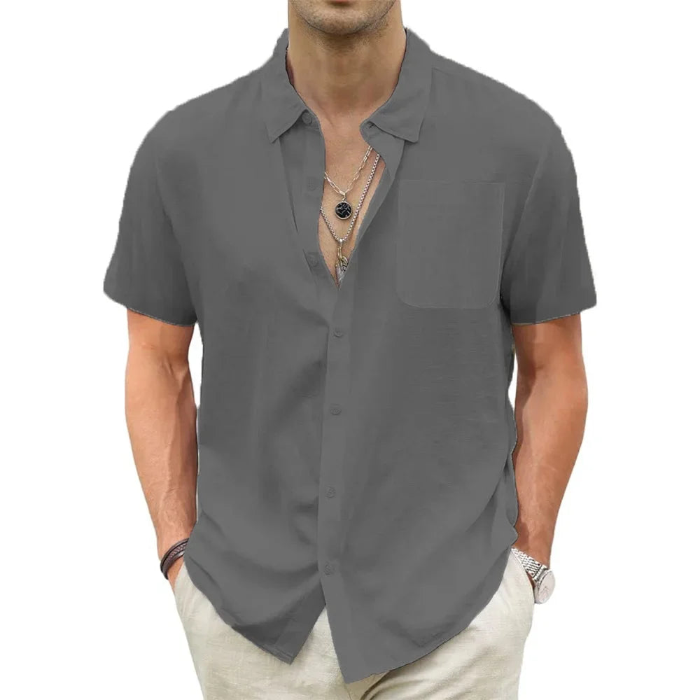 Camisa Masculina Manga Curta Casual De Linho Algodão   Bolso Único