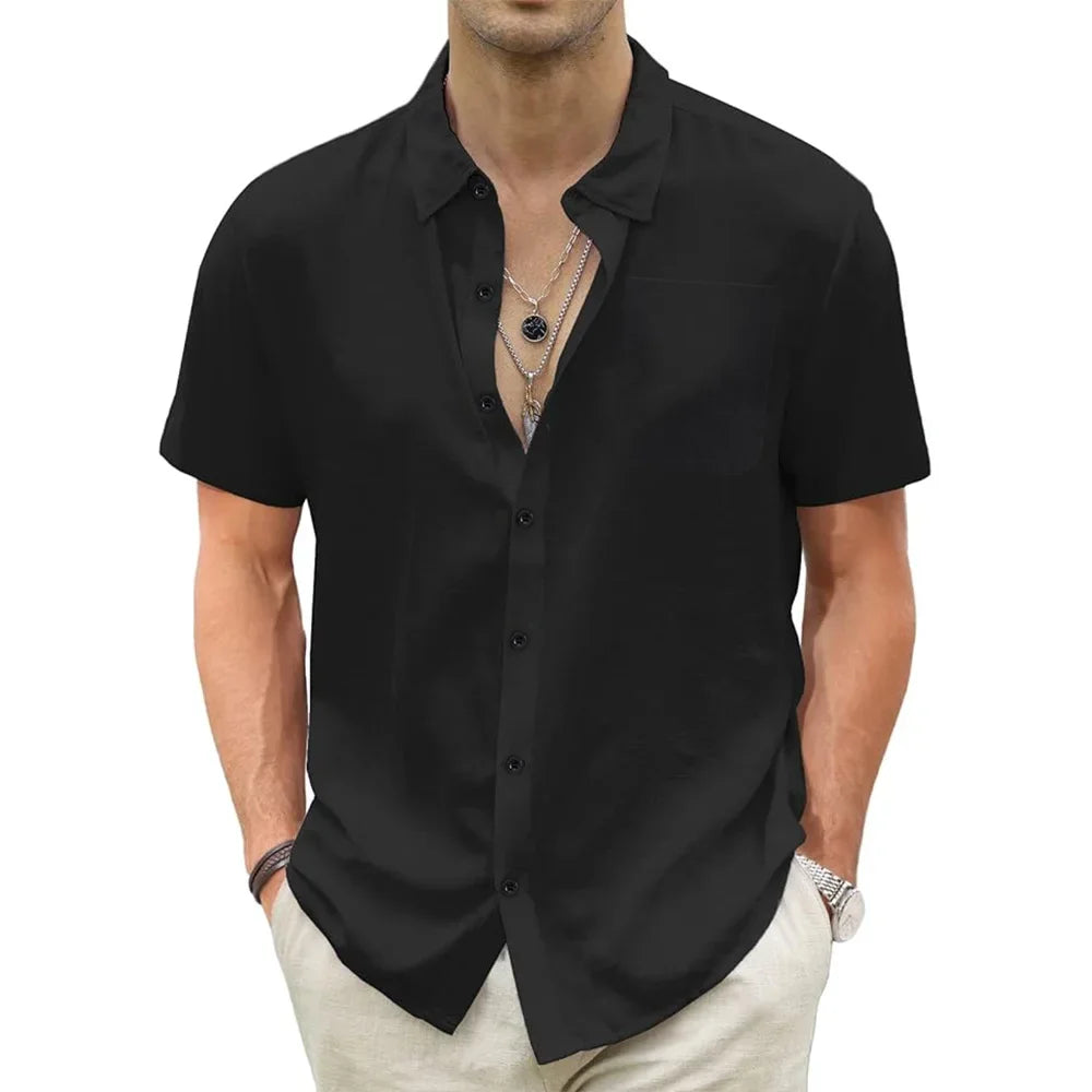 Camisa Masculina Manga Curta Casual De Linho Algodão   Bolso Único