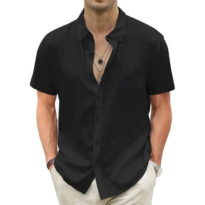 Camisa Masculina Manga Curta Casual De Linho Algodão   Bolso Único