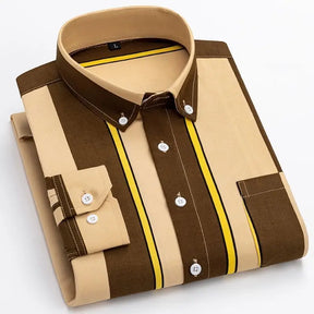 Camisa Masculina formal Manga Comprida Listrada Com Bolsos Botões