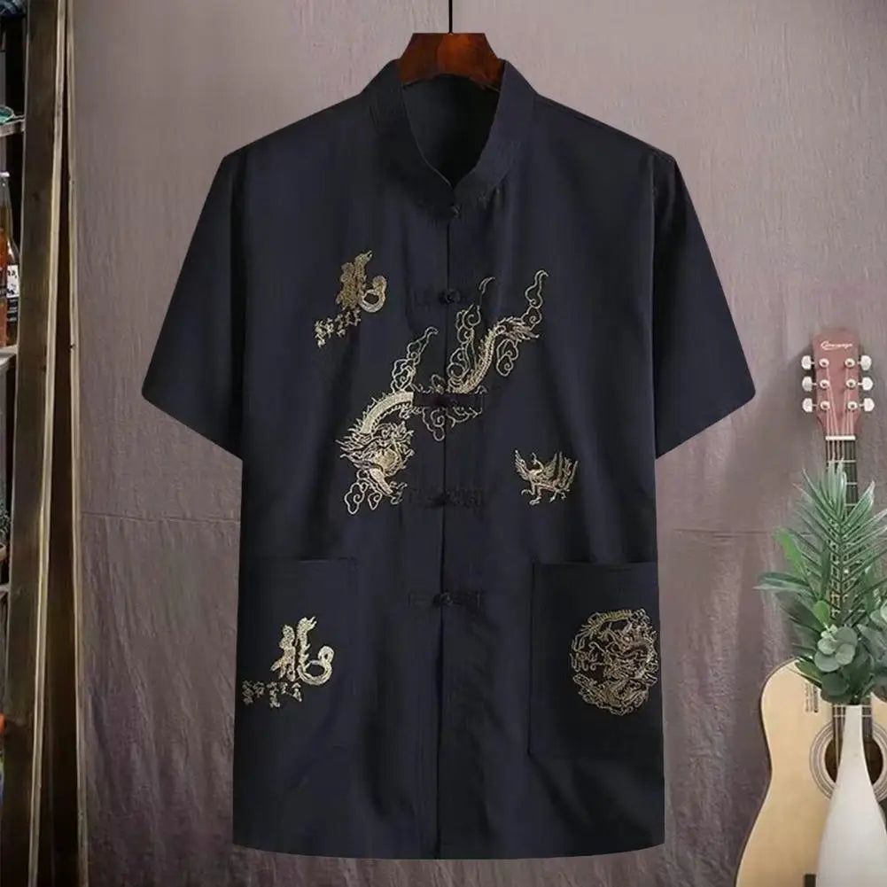 Camisa Masculina Social  De Linho Estilo Chinês Manga Curta Com Bolsos