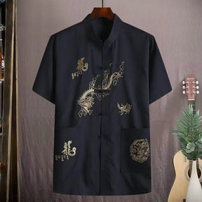 Camisa Masculina Social  De Linho Estilo Chinês Manga Curta Com Bolsos