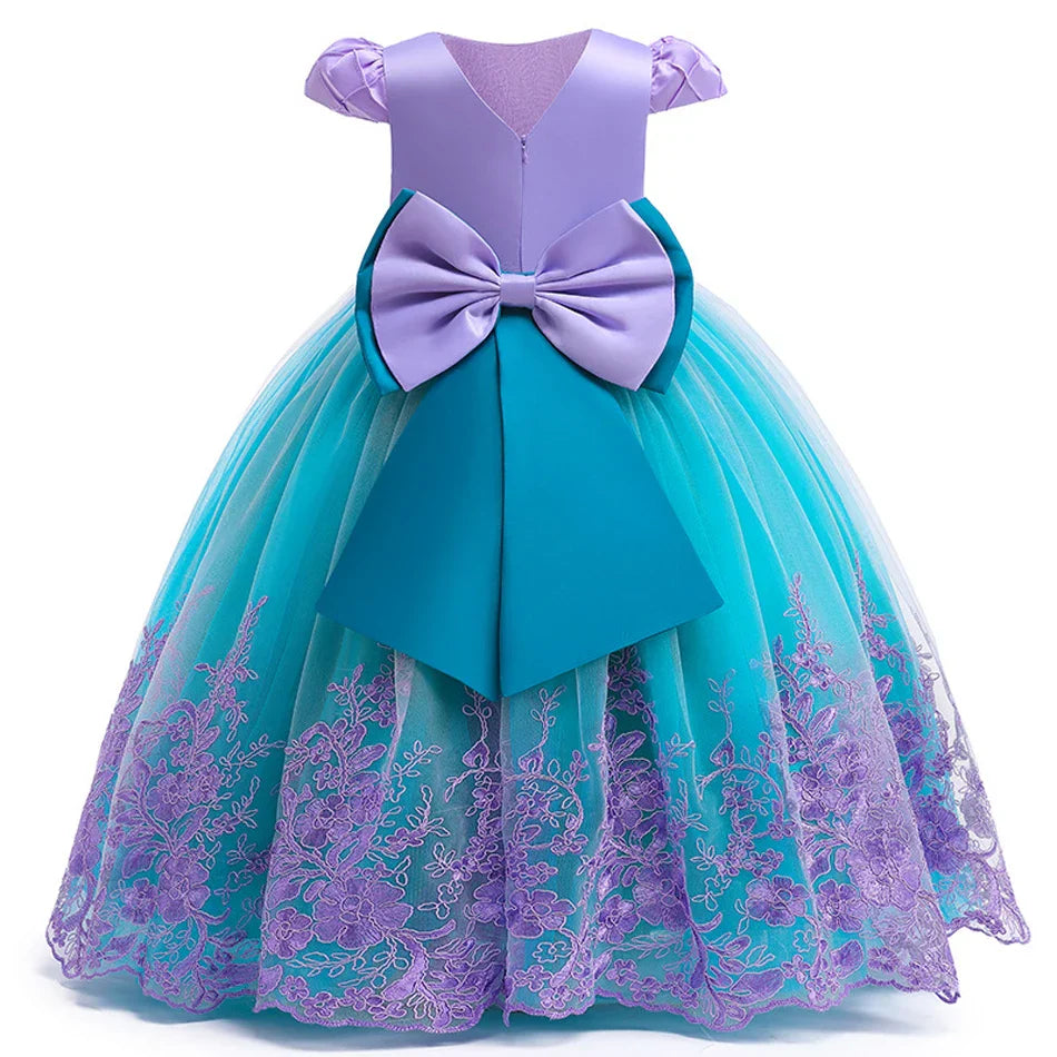 Vestido Infantil Princesa Ariel Bordado de Flores