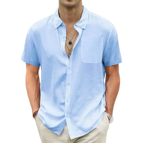 Camisa Masculina Manga Curta Casual De Linho Algodão   Bolso Único