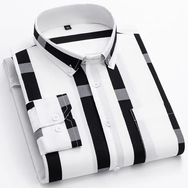 Camisa Masculina formal Manga Comprida Listrada Com Bolsos Botões