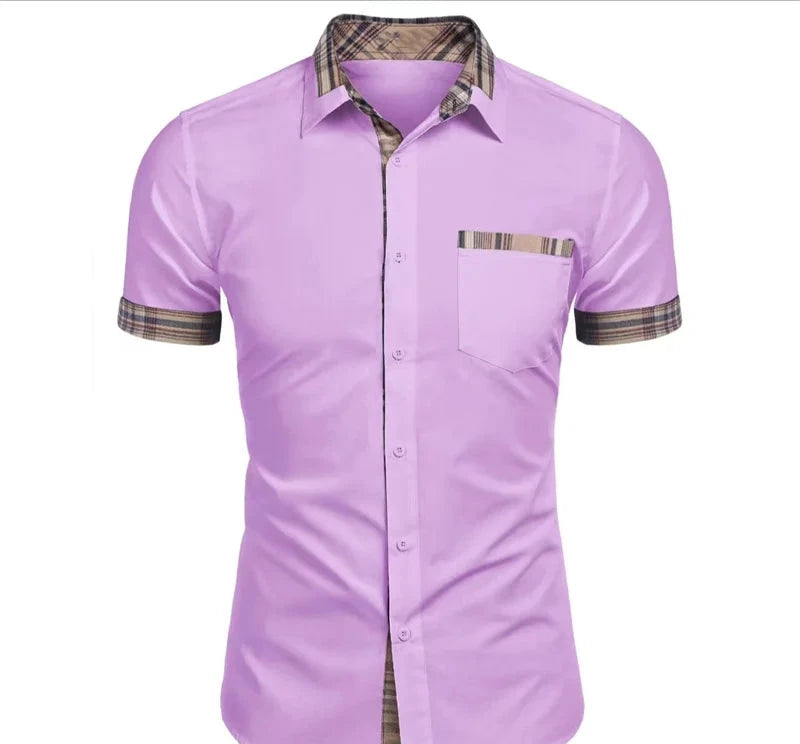 Camisa Social Casual  Masculina Manga Curta  Detalhe Em Xadrez