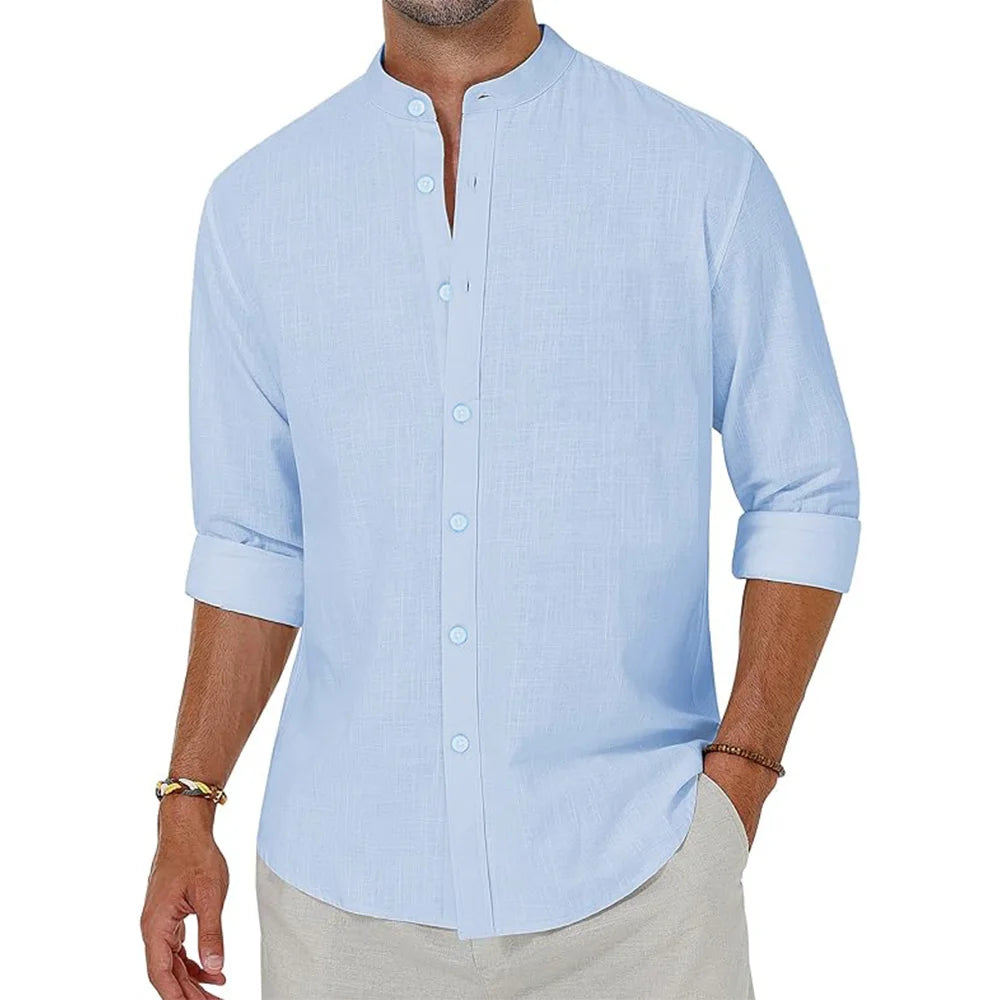 Camisa Masculina Linho Manga Longa Casual  Estilo Praia Havaiana  Botões