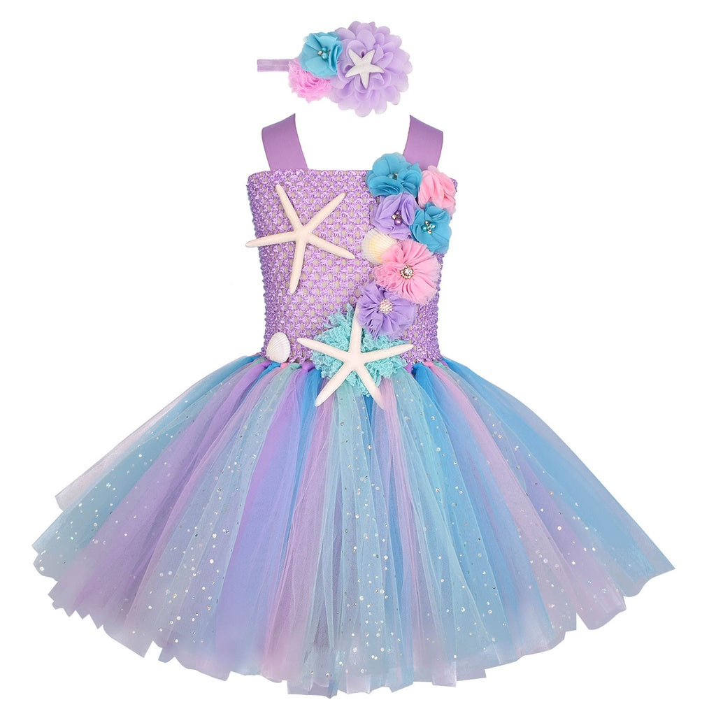 Vestido de Tutu Ariel Sereia para Menina - Flor do Oceano (1-12 anos)