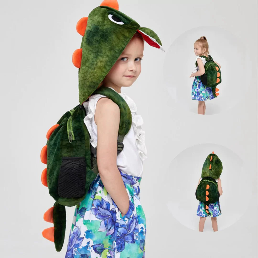 Mochila Infantil Dinossauro de Pelúcia com Capuz Removível