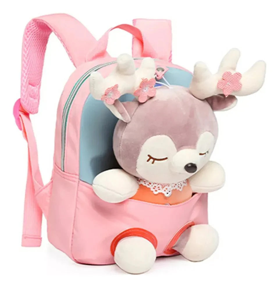 Mochila Infantil para Meninas com Acessório de Pelúcia